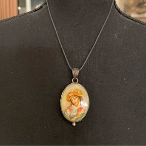 Neckless with hand painted stone. One of a kind. Unique.